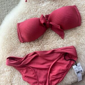 Robin Piccone coral Pink Ribbed Bandeau Bikini Set